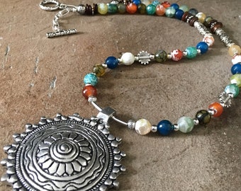 Boho Gemstone Necklace with Metallic Sunburst Charm-24" Long-Hippie Style Jewelry-Colorful Agate Beaded-mSs-Silver Accents-Toggle Closure