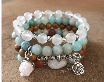 Zen Gemstone Bracelets-Beaded-Bracelet Set-Stretch-Bohemian Jewelry-Druzy-Eclectic-mSs Designs-Yoga-Jasper-Amazonite-Labradorite