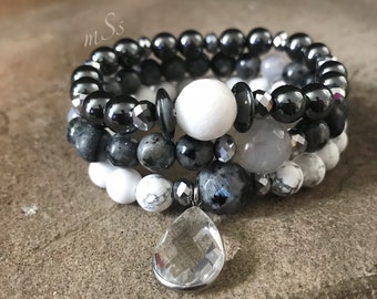 Gemstone Bracelet Set-Stretch-mSs Designs-2019 Shades of Gray-Hematite-Howlite-Agate-Labradorite-Bracelets-Trio-Beaded Jewelry-Handmade