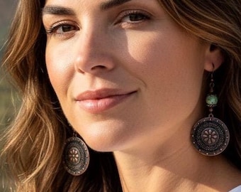 Boho Antique Copper Medallion Dangle Earrings with African Turquoise Bead Pierced