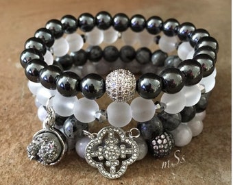 Eclectic CZ Paved Focal Gemstone Bracelet Set-Stretch-mSs Designs-Boho Glam-Shades of Gray-Hematite-Glass-Druzy-Jade-Labradorite-Jewelry