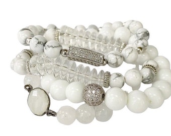 In “White” Gemstone  Alibaster, Clear Quartz, White Howlite,  Moonstone Gemstone Bracelet Set of Four Stretch by mSs Designs Boho Chic