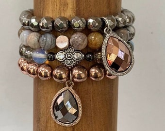 Gemstone Bracelet Set of Four-Rose Gold and Silver Hematite-Agate-Stretch-Stackables-Charmed-Glam Stack-mSs Designs
