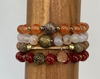 Gemstone Bead Bracelet Set-Stretch-Bohemian Jewelry-Eclectic-mSs Designs-Boho Chic-Jasper-Jade-Agate