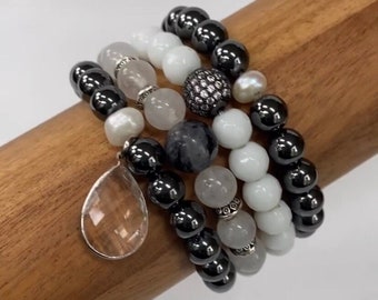 Gemstone Bracelet Set-Stretch-mSs Designs-Hematite-White Jade-Quartz-Hematite-Labradorite-Bracelets-Set of 4-Beaded Jewelry-Handmade