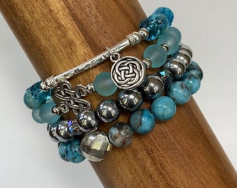 Gemstone Bracelets-Beaded-Bracelet Set-Stretch-Boho Jewelry-Blue-Hematite-Silver Accents-Endless Knot Charms-mSs-Boho Chic-Crystals