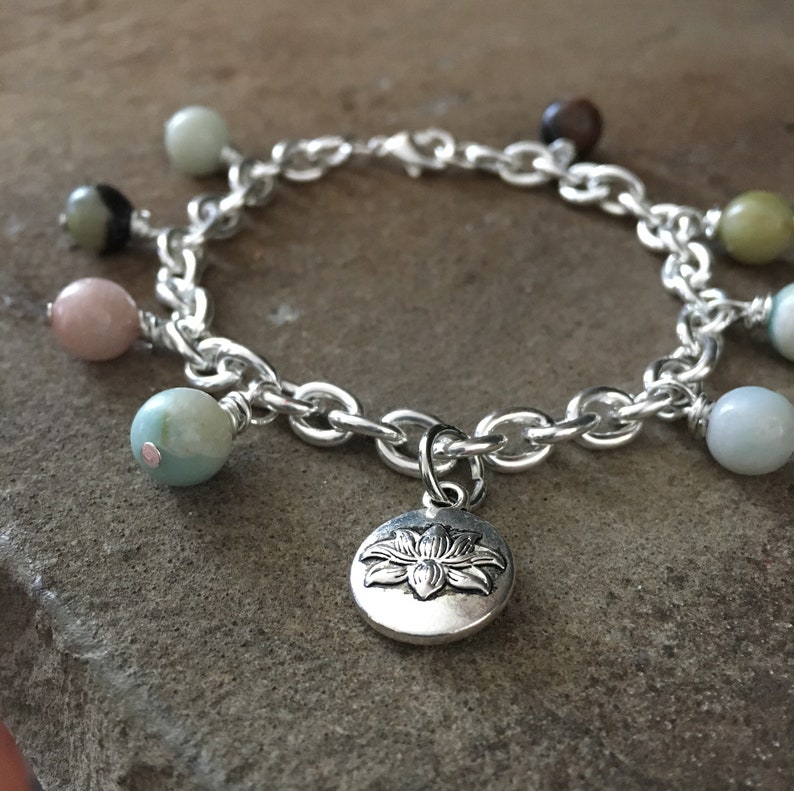 Amazonite Charm Bracelet, Lotus Flower, Beaded, Silver Plated Chain Link, 7.5 inches long, Zen, Yoga Style, Boho Chic, mSs Designs, Gemstone image 6