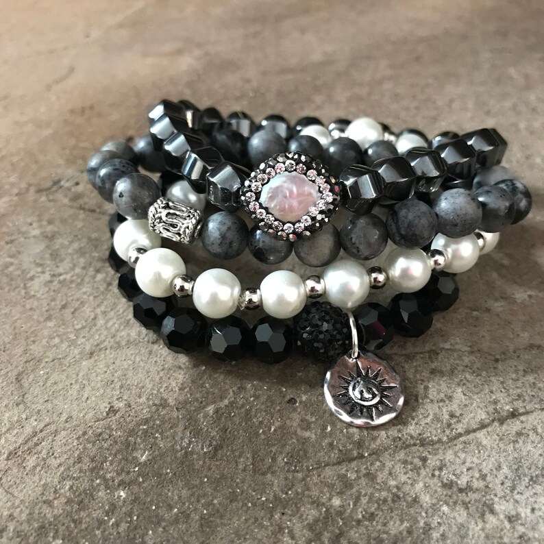 Gemstone Bracelets-Beaded-Bracelet Set-Stretch-Stackable Jewelry-Shades of Gray 2018-mSs Designs-Glam Stack image 5