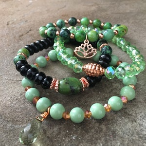 Gemstone Bracelets-Beaded-Bracelet Set-Stretch-Boho Jewelry-Green-Black-Rose Gold-Lotus Flower Charm-mSs-Boho Chic-Agate-Jasper-Crystals image 4