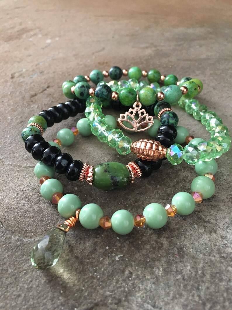 Gemstone Bracelets-Beaded-Bracelet Set-Stretch-Boho Jewelry-Green-Black-Rose Gold-Lotus Flower Charm-mSs-Boho Chic-Agate-Jasper-Crystals image 4