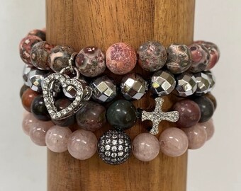 Gemstone Bracelets-Beaded-Bracelet Set-Stretch-Bohemian Jewelry-Tibetan-Eclectic-mSs Designs-Love-Christian-Earthtones-Love