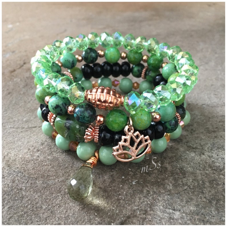 Gemstone Bracelets-Beaded-Bracelet Set-Stretch-Boho Jewelry-Green-Black-Rose Gold-Lotus Flower Charm-mSs-Boho Chic-Agate-Jasper-Crystals image 1