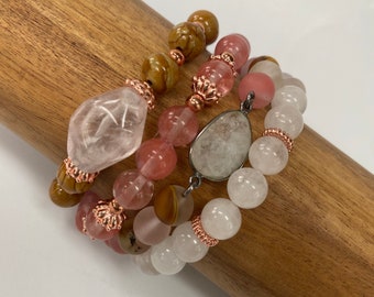 Rose Quartz, Brown Jasper and Quartz Gemstone w/Moonstone and Rose Quartz Focals Bracelet Set of 4 Stretch by mSs Designs Boho Chic