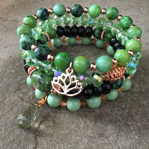 Gemstone Bracelets-Beaded-Bracelet Set-Stretch-Boho Jewelry-Green-Black-Rose Gold-Lotus Flower Charm-mSs-Boho Chic-Agate-Jasper-Crystals image 3