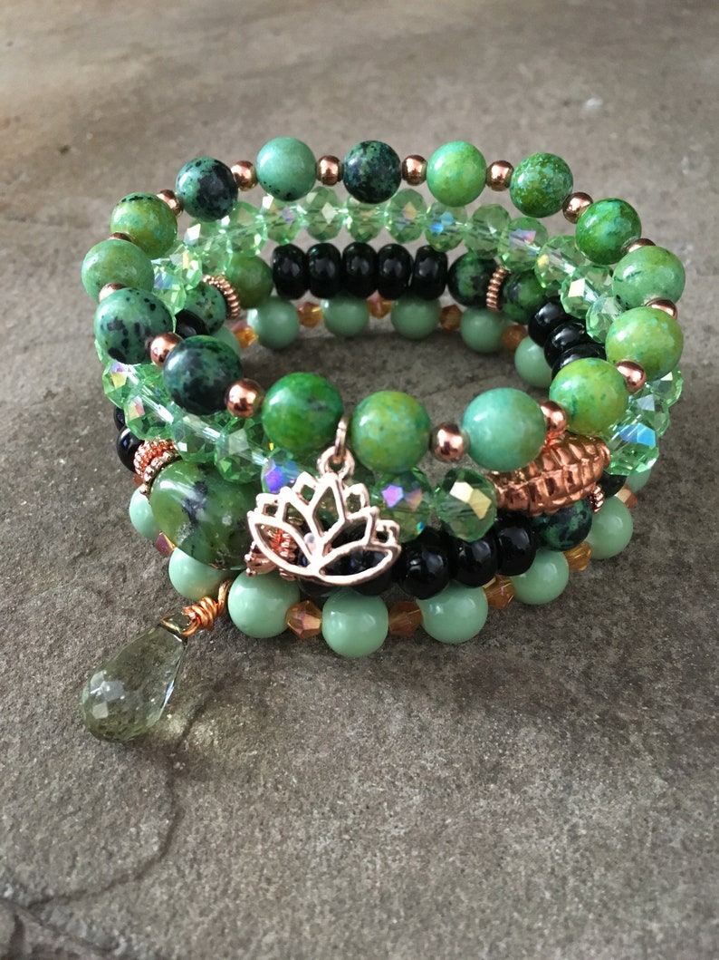 Gemstone Bracelets-Beaded-Bracelet Set-Stretch-Boho Jewelry-Green-Black-Rose Gold-Lotus Flower Charm-mSs-Boho Chic-Agate-Jasper-Crystals image 3