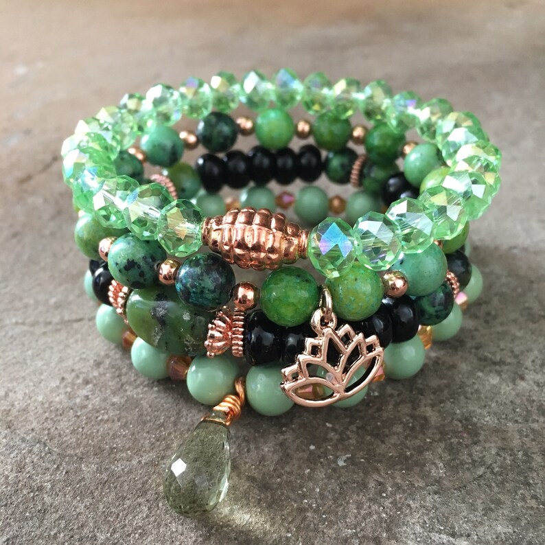 Gemstone Bracelets-Beaded-Bracelet Set-Stretch-Boho Jewelry-Green-Black-Rose Gold-Lotus Flower Charm-mSs-Boho Chic-Agate-Jasper-Crystals image 6