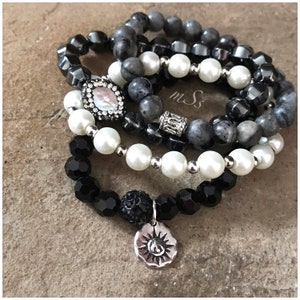 Gemstone Bracelets-Beaded-Bracelet Set-Stretch-Stackable Jewelry-Shades of Gray 2018-mSs Designs-Glam Stack image 7