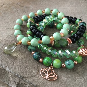 Gemstone Bracelets-Beaded-Bracelet Set-Stretch-Boho Jewelry-Green-Black-Rose Gold-Lotus Flower Charm-mSs-Boho Chic-Agate-Jasper-Crystals image 2