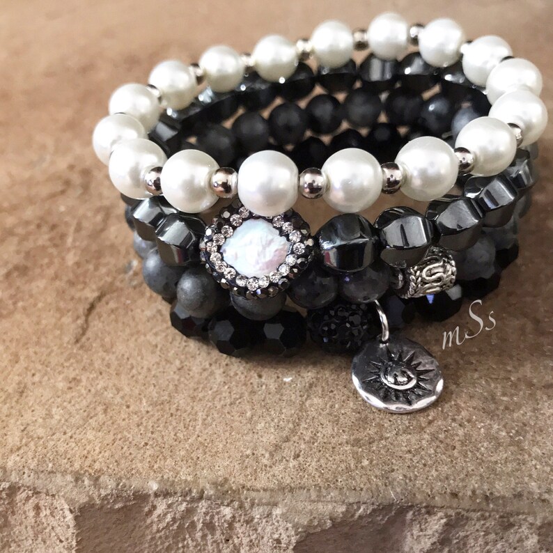 Gemstone Bracelets-Beaded-Bracelet Set-Stretch-Stackable Jewelry-Shades of Gray 2018-mSs Designs-Glam Stack image 8