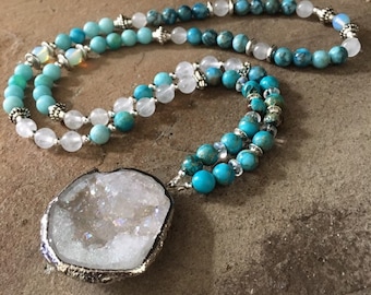 White Druzy Gemstone Necklace, 30" Long, Beads, Blue, Quartz, Jasper, Jade, BohoChic, Hippie Style, Silver Accents,mSs Designs