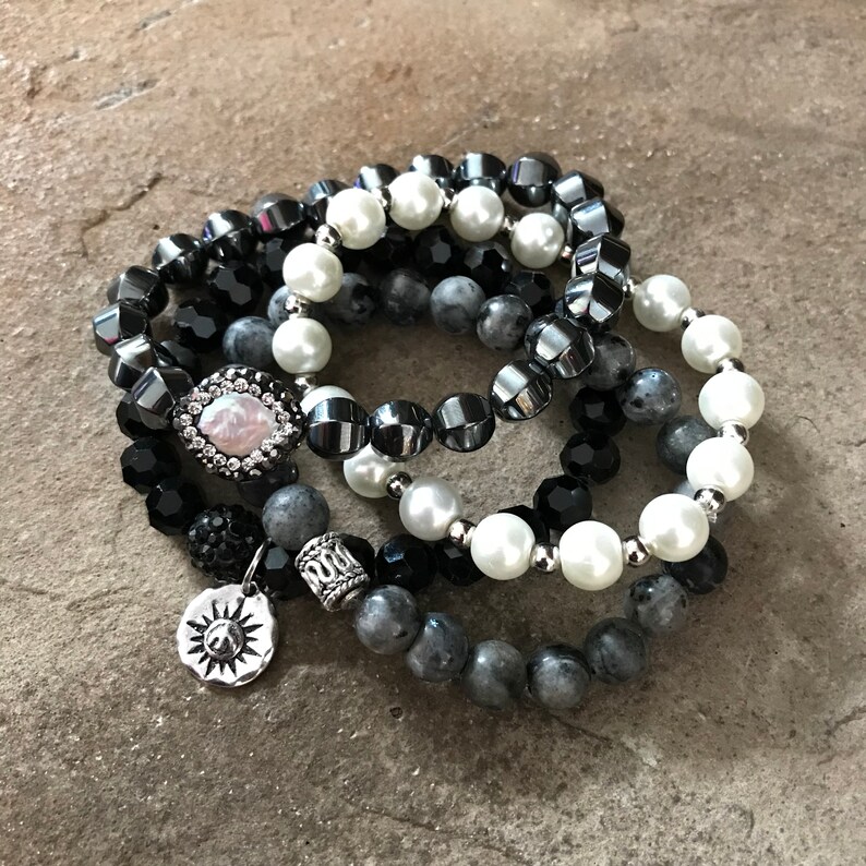 Gemstone Bracelets-Beaded-Bracelet Set-Stretch-Stackable Jewelry-Shades of Gray 2018-mSs Designs-Glam Stack image 6