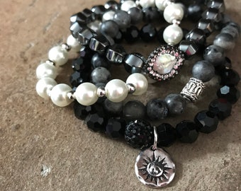 Gemstone Bracelets-Beaded-Bracelet Set-Stretch-Stackable Jewelry-Shades of Gray 2018-mSs Designs-Glam Stack