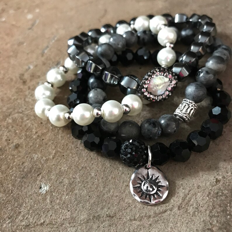 Gemstone Bracelets-Beaded-Bracelet Set-Stretch-Stackable Jewelry-Shades of Gray 2018-mSs Designs-Glam Stack image 1