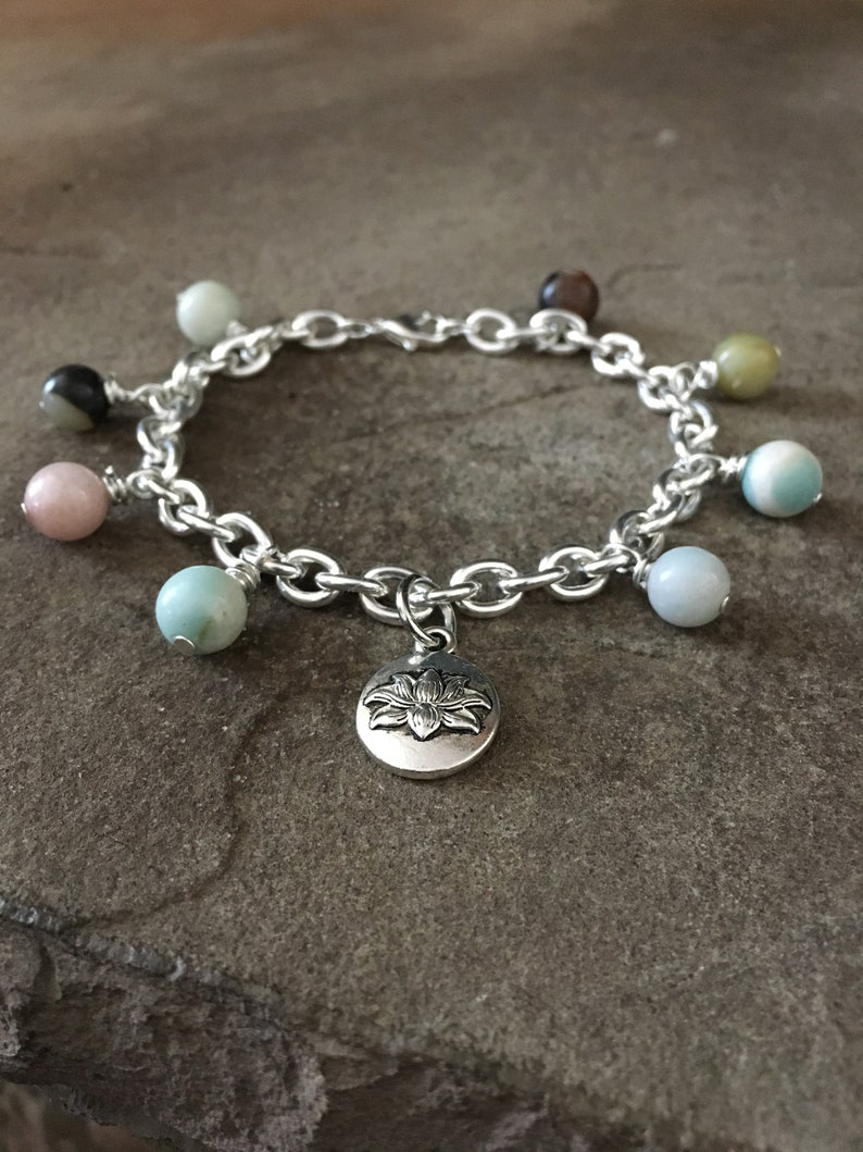 Amazonite Charm Bracelet, Lotus Flower, Beaded, Silver Plated Chain Link, 7.5 inches long, Zen, Yoga Style, Boho Chic, mSs Designs, Gemstone image 7