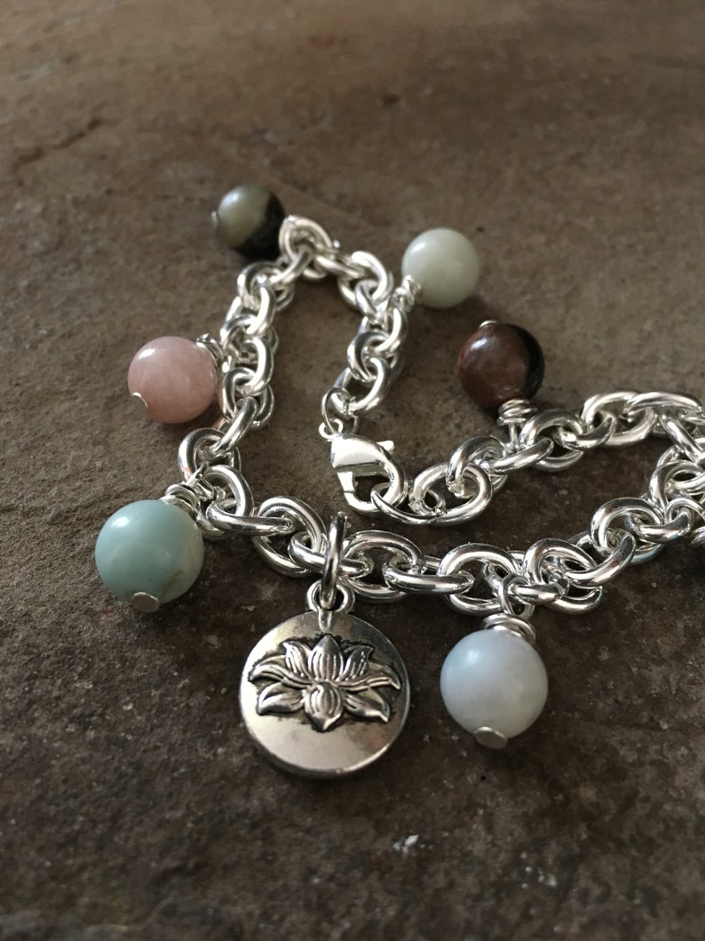 Amazonite Charm Bracelet, Lotus Flower, Beaded, Silver Plated Chain Link, 7.5 inches long, Zen, Yoga Style, Boho Chic, mSs Designs, Gemstone image 5