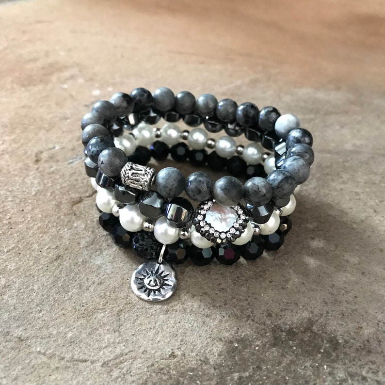 Gemstone Bracelets-Beaded-Bracelet Set-Stretch-Stackable Jewelry-Shades of Gray 2018-mSs Designs-Glam Stack image 3
