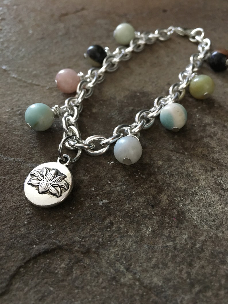 Amazonite Charm Bracelet, Lotus Flower, Beaded, Silver Plated Chain Link, 7.5 inches long, Zen, Yoga Style, Boho Chic, mSs Designs, Gemstone image 3