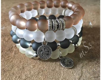 Beach Glass Bracelets-Beaded-Bracelet Set-Stretch-Bohemian Jewelry-Charmed-mSs Designs-Gray-Brown-White-Yellow-Matte-Charms