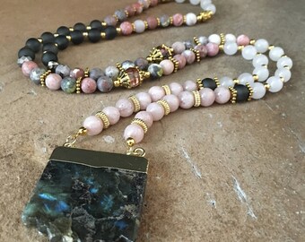 Labradorite Gemstone Necklace, Long, Beaded, Jade, Glass, Bohemian , Boho Chic, Hippie Style, Pendant, Gold Accents, 34 inches