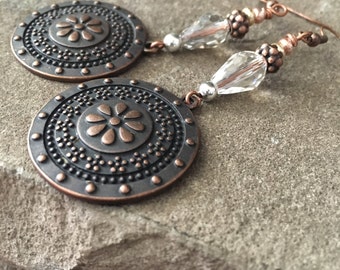 Boho Chic Medallion Earrings, Gemstone, Jasper, Crystal, 3" Long, Pierced, Antique Copper, Boho Style, Bohemian, Hippie Chic