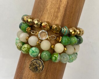 Green with Envy Gemstone Bracelet Set of Four Stretch by mSs Designs Boho Chic