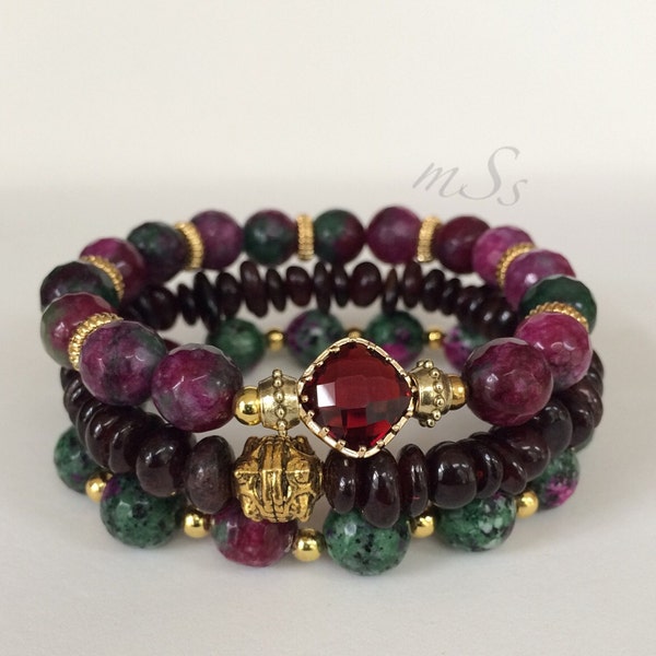 Gemstone Bracelets, Red Garnet, Green, Stretch, Bracelet Set, Faceted Jade, Gold, Beaded, Fancy