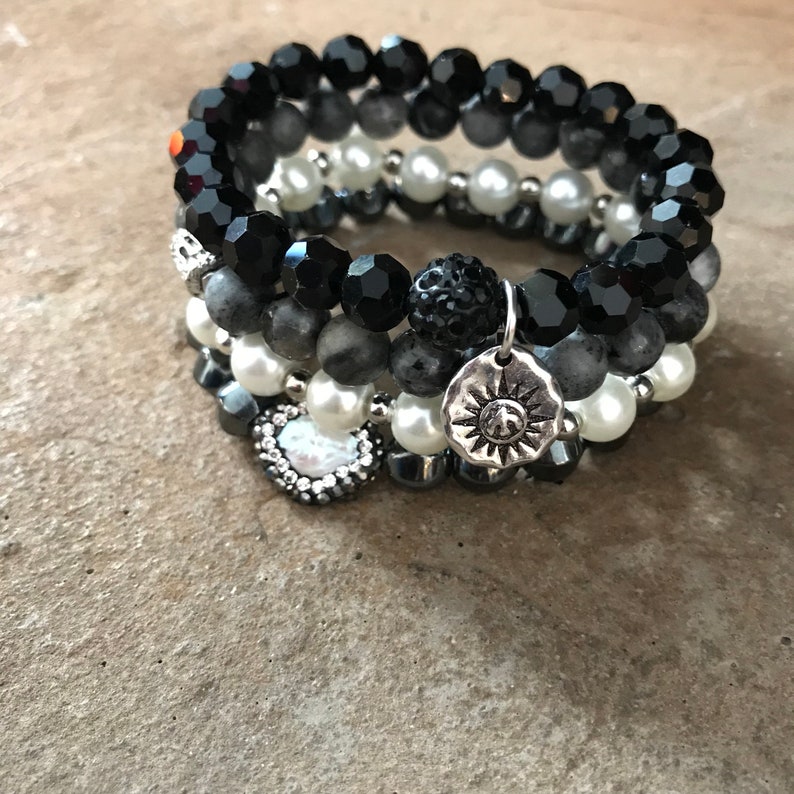 Gemstone Bracelets-Beaded-Bracelet Set-Stretch-Stackable Jewelry-Shades of Gray 2018-mSs Designs-Glam Stack image 2