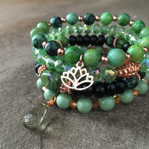 Gemstone Bracelets-Beaded-Bracelet Set-Stretch-Boho Jewelry-Green-Black-Rose Gold-Lotus Flower Charm-mSs-Boho Chic-Agate-Jasper-Crystals image 5