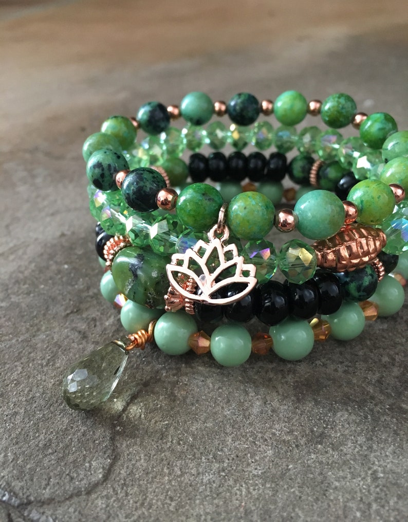 Gemstone Bracelets-Beaded-Bracelet Set-Stretch-Boho Jewelry-Green-Black-Rose Gold-Lotus Flower Charm-mSs-Boho Chic-Agate-Jasper-Crystals image 5