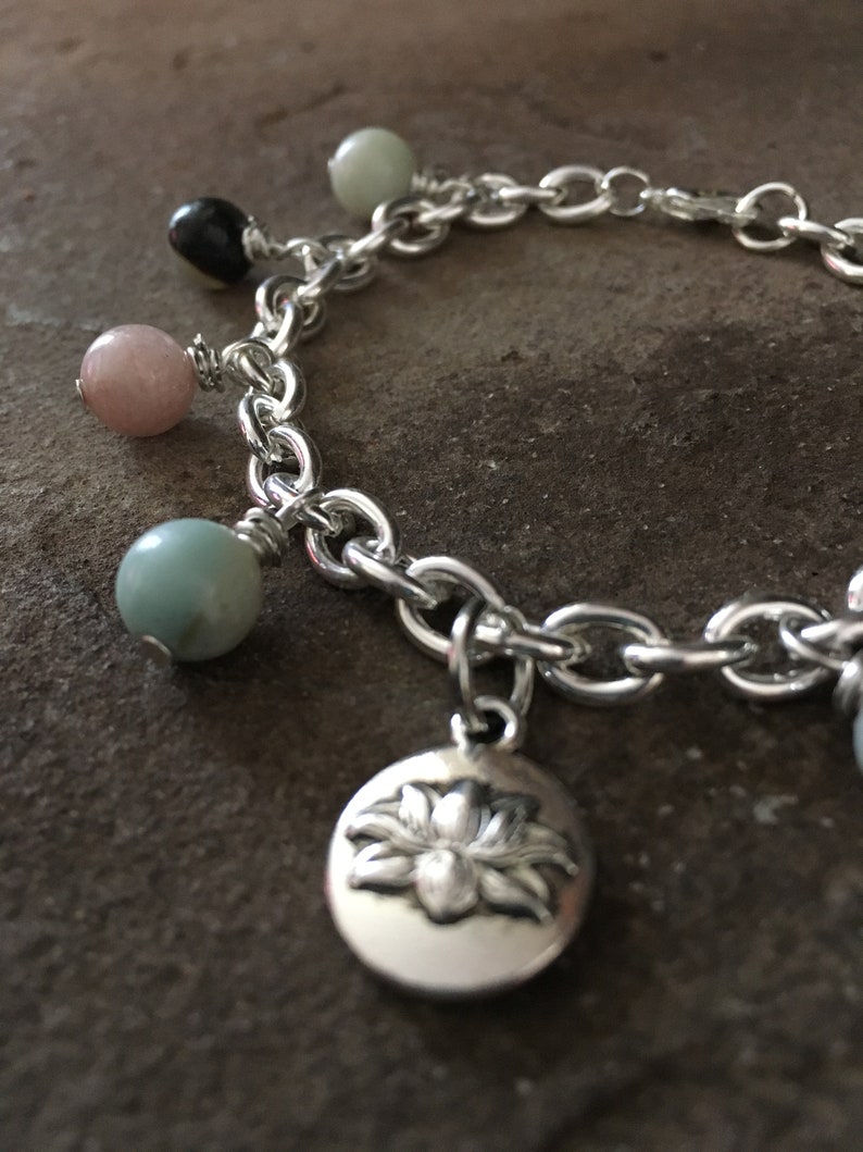 Amazonite Charm Bracelet, Lotus Flower, Beaded, Silver Plated Chain Link, 7.5 inches long, Zen, Yoga Style, Boho Chic, mSs Designs, Gemstone image 2
