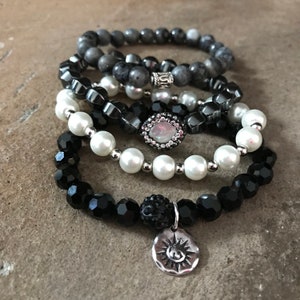Gemstone Bracelets-Beaded-Bracelet Set-Stretch-Stackable Jewelry-Shades of Gray 2018-mSs Designs-Glam Stack image 4