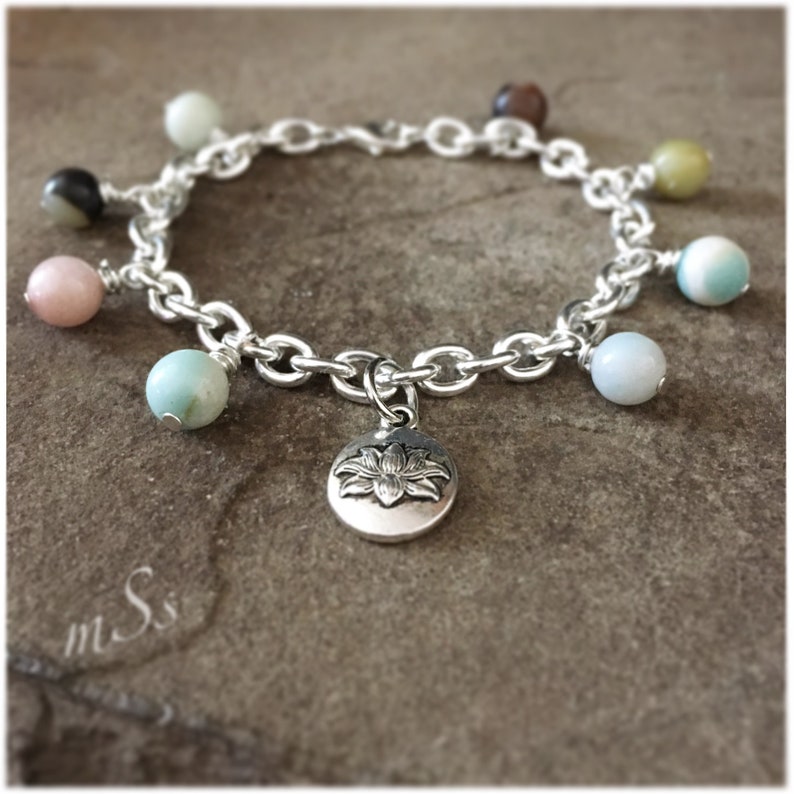 Amazonite Charm Bracelet, Lotus Flower, Beaded, Silver Plated Chain Link, 7.5 inches long, Zen, Yoga Style, Boho Chic, mSs Designs, Gemstone image 1