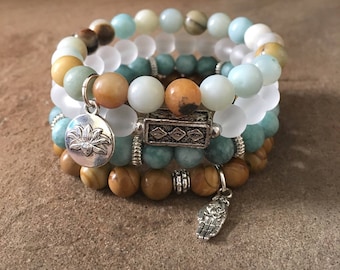 Zen Gemstone Bracelets-Beaded-Bracelet Set-Stretch-Bohemian Jewelry-Tibetan-Eclectic-mSs Designs-Yoga-Jasper-Jade-Amazonite-Lotus Flower
