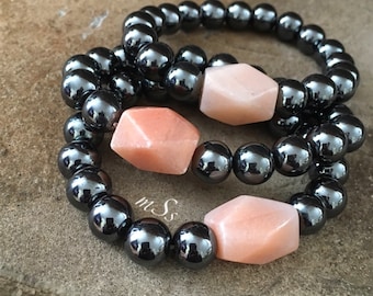 Dark Silver Hematite Bracelet with Faceted Peach Agate Stone Focal -mSs Designs - Bohemian - Beaded - Stretch - Bracelet