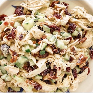 Può includere: Insalata di pollo con cetrioli e mirtilli rossi secchi su un piatto bianco con bordo blu. L'insalata ha un condimento cremoso ed è guarnita con noci tritate.