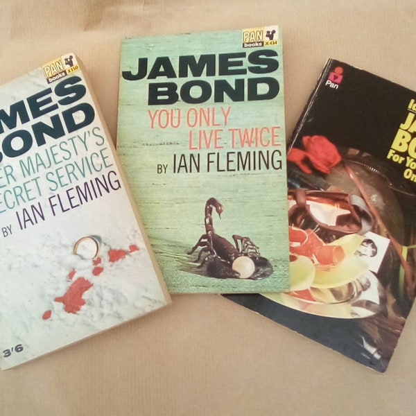 Vintage Pan James Bond Paperbacks - On Her Majesty's Secret Service You Only Live Twice and For Your Eyes Only by Ian Fleming