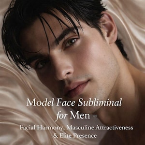 May include: A close-up of a person with dark hair and light skin, lying on a satin surface. The text "Model Face Subliminal for Men - Facial Harmony, Masculine Attractiveness & Elite Presence" is displayed.
