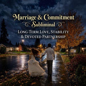 Puede incluir: Imagen con el texto "Marriage & Commitment Subliminal" y "Long-Term Love, Stability & Devoted Partnership". Una pareja camina de la mano por una calle mojada por la noche. El cielo es oscuro y estrellado.