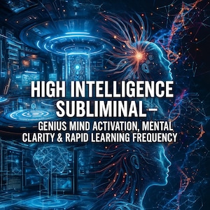 May include: Digital art with a futuristic theme. The image features the text "HIGH INTELLIGENCE SUBLIMINAL" with additional text below. The background is a dark blue with glowing blue and orange accents, and silhouettes of human heads.
