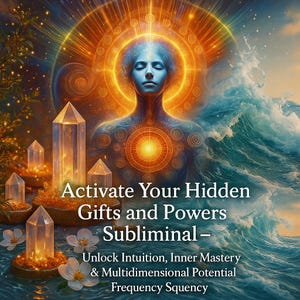 May include: Digital art featuring a serene figure with closed eyes, radiating golden light. The image includes crystal formations and ocean waves, with text that reads "Activate Your Hidden Gifts and Powers Subliminal".